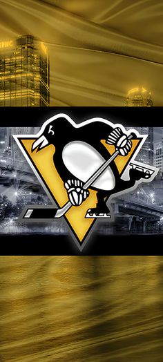 the pittsburgh penguins logo is shown in two different images, one with a hockey stick