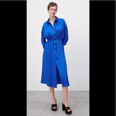 Zara Ruched Satin Effect Dress Oversized Size S Can Fit For L Size M Can Fit For Xl Beautiful Zara Blue Midi Length Shirt Dress, Zara Blue Midi Dress For Work, Elegant Blue Zara Shirt Dress, Zara Ribbed Dress, Zara White Dress, Pink Pleated Dress, Ribbed Bodycon Midi Dress, Zara Midi Dress, Strappy Midi Dress