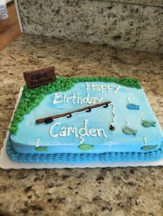 a birthday cake that is sitting on a counter