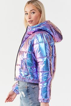 Iridescent Puffer Jacket, Iridescent Jacket, Metallic Puffer Jacket, Holographic Jacket, Shiny Jacket, Purple Jacket, Festival Looks, Color Pencil