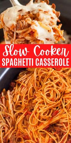 this slow cooker spaghetti casserole is so easy to make and tastes just as good as it looks