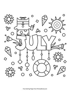 the word july is surrounded by different objects