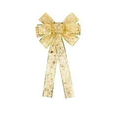 a gold bow with glitter on it's sides and a ribbon around the top