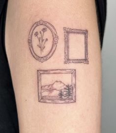 a woman's arm with three pictures and a flower in the frame on it