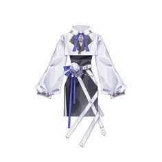 an anime character dressed in white and blue clothing with two swords attached to her waist