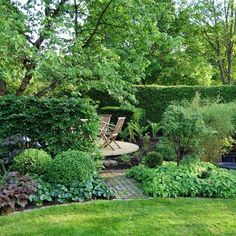 an outdoor garden with chairs and trees in the background, surrounded by green grass and shrubbery