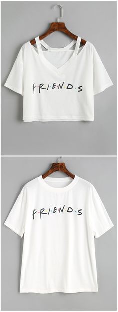 two t - shirts with the words friends printed on them, one white and one black