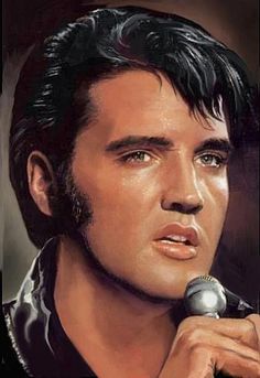 a painting of elvis presley holding a microphone in his right hand and looking off to the side