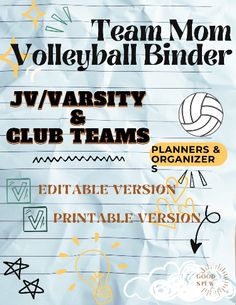 an advertisement for volleyball team binder with the names and numbers on it, as well as other sports related items