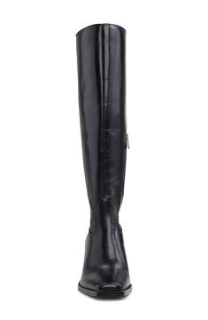 A contemporary square toe and flared block heel balance a versatile boot that will flawlessly complement your polished wardrobe. 2 1/2" heel 15 1/2" shaft; 16 1/2" calf circumference Leather upper/synthetic lining and sole Made in Brazil Sleek Wide Calf Boots With Stacked Heel, Wide Calf Boots With Sculpted Heel And Square Toe, Modern Wide Calf Boots With Reinforced Heel, Wide Calf Tall Boots With Stacked Heel, Wide Calf High Shaft Heeled Boots With Reinforced Heel, Fitted Calf Leather Boots With Block Heel, Wide Calf Boots With Square Toe, Classic Fitted Boots With Block Heel, Sleek Wide Calf Block Heeled Boots