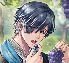 an anime character holding grapes in his hand