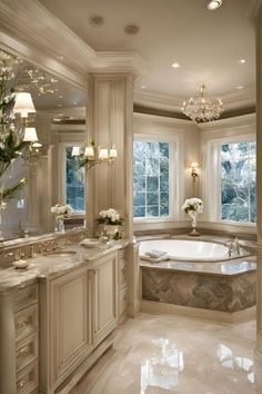 an elegant bathroom with marble floors and large tub, chandelier, windows, and flowers in vases