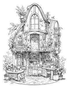 a drawing of a house with lots of plants on the front and side windows,