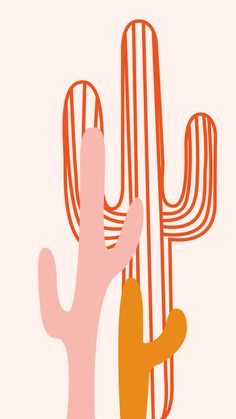 a hand reaching for a cactus plant in front of a white background with orange and pink lines