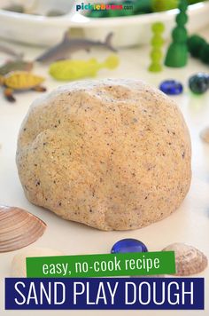 an easy no - cook recipe for sand play dough with sea shells and seashells in the background