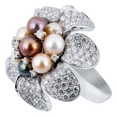 Olympus Art Certified Ring 4.19 Carat G/H VS Diamond, White Gold 18 Carat, South Sea & Tahiti Pearl 5mm/Pc Diamond, White Gold and Pearl Combination, Unique Design Flower Ring White Gold Pearl Ring, Tahiti Pearl, Gold Pearl Ring, Gold Cocktail Ring, Diamond Cocktail Rings, Vs Diamond, Tahitian Pearls, Art Deco Diamond, Women Diamond