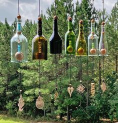 an assortment of wine bottles hanging from strings in front of trees and grass with clouds