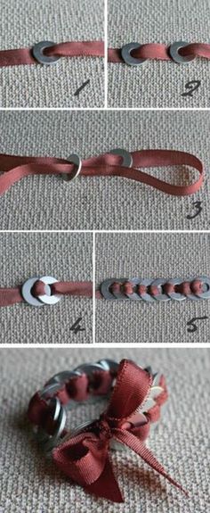 instructions to make a ribbon bracelet with metal buttons and ribbons on the clasps, which are