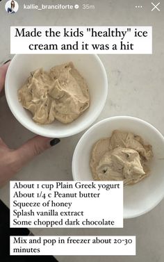 two white bowls filled with peanut butter on top of a marble counter next to each other