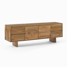 the sideboard is made out of wood and has four drawers, one with two open doors