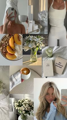 a collage of photos with white flowers and food