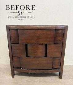 a wooden dresser with the words before and after written on it's front side