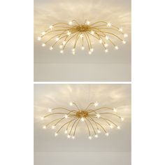 two pictures of a ceiling light with white and gold lights in the shape of stars