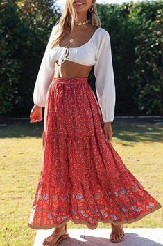 Bohemian Maxi Skirt, 00s Mode, Red Maxi Skirt, Floral Print Maxi Skirt, Bohemian Style Clothing