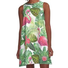 Loose-fit, mid-length sleeveless dress with silky handfeel. Printed on both sides. Machine washable. Size range XS-2XL. Watercolor hand drawn illustration. Exotic birds pink flamingos and bright tropical flowers and plants. Seamless pattern for wallpaper, textile Tropical Sleeveless Mini Dress With Print, Multicolor Sleeveless Hawaiian Dress, Green Tropical Sleeveless Mini Dress, Pink Sleeveless Tropical Print Mini Dress, Green Sleeveless Tropical Mini Dress, Pink Sleeveless Tropical Mini Dress, Sleeveless Tropical Green Mini Dress, Pink Sleeveless Mini Dress With Tropical Print, Hawaiian Sleeveless Dress With Tropical Print