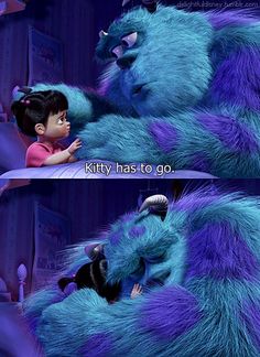 an animated movie scene with a girl hugging a blue furry creature and the caption reads, kitty has to go