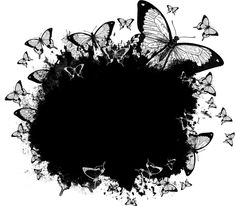 a black and white photo with lots of butterflies flying around the center, in an artistic manner