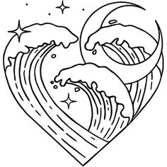 a heart shaped drawing with waves and stars