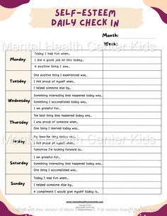 Self-Esteem Daily Check-In Worksheet for Kids and Teens Counselling Activities, Activities For Teens