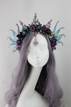 Fairy Crown, Teal and Purple, Fairy Wings, Flower Crown, Bridal, Headpiece, Fantasy, Fairytale, Crown, Headdress, Festival, Halloween Faerie Crown, Headdress Festival, Fairytale Crown, Head Peices, Purple Fairy Wings, Fantasy Crown, Crown Headdress, Dance Crafts, Gossamer Wings