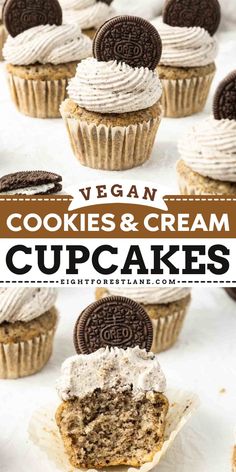 cupcakes with white frosting and oreo cookies on top, in front of the