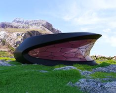 an unusual building sits in the middle of a grassy area with mountains in the background