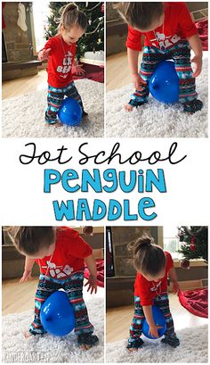 a collage of photos showing a child playing with a blue ball