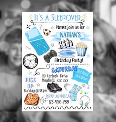 there is a poster with some things on it that says it's a sleepover please join us for nathan's 5th birthday saturday saturday