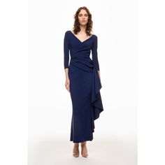 Blue (72% Polyamide, 28% Elastane). Gowns. V-Neck. Long Sleeve. Pull on. Shoulder to hemline length: 58". Imported. Elegant Fitted V-neck Dress For Dinner, Elegant V-neck Dress For Dinner, Evening V-neck Maxi Dress With Fitted Bodice, Chic Long V-neck Formal Dress, Fitted V-neck Maxi Dress For Gala, Chic Formal V-neck Gown, Elegant Fitted V-neck Dress With Flattering Silhouette, V-neck Maxi Dress For Evening Gala, Elegant V-neck Formal Gown