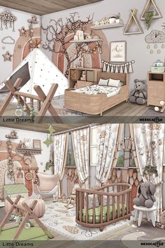 two different views of a baby's room with teddy bears and cribs