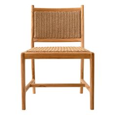 a wooden chair with wicker seat and backrests on white background, side view