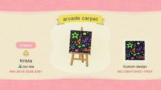 an animal crossing character is standing in front of a painting easel with the name arcade carpet on it