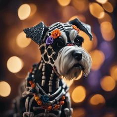 a dog wearing a skeleton costume with flowers on it's head and collar, standing in front of a boke backdrop