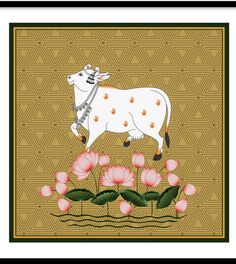 a cow standing on top of pink flowers in front of a bamboo background with triangles