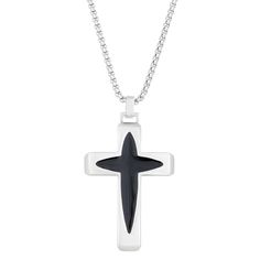 "Showcase your faith every day with this handsome stainless steel cross necklace. Showcase your faith every day with this handsome stainless steel cross necklace. Pendant size: 1.82""L x 1.09""W Chain length: 24 in. Chain type: box Metal: stainless steel Finish: polished Additional details: black resin accent Packaging: boxed Please note, due to the high value of this item, a signature may be required upon delivery. Size: 24"". Color: White. Gender: male. Age Group: adult." Stainless Steel Cross Pendant Necklace For Faith, Modern Stainless Steel Cross Necklace For Gift, Modern Stainless Steel Cross Pendant Necklace, Resin Cross, Stainless Steel Cross Pendant, Steel Cross, Black Resin, Necklace Size, Cross Pendant Necklace