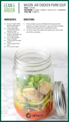 a mason jar with chicken parm soup in it and instructions on how to make it