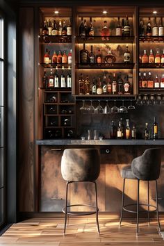 two stools in front of a bar with bottles on the shelves