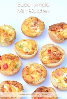 several mini quiches are arranged on a white background with the words super simple mini quiches