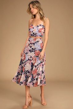 Floral Two Piece, Summer Wedding Guests, Guest Attire, Wedding Attire Guest, Cocktail Attire, Tiered Midi Dress, Wedding Guest Dress Summer, Dress Set, Guest Outfit