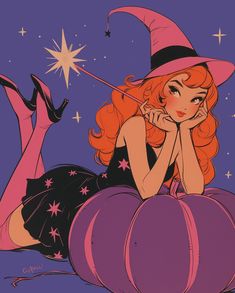 a woman in a witch costume sitting on top of a pumpkin with her hand under her chin